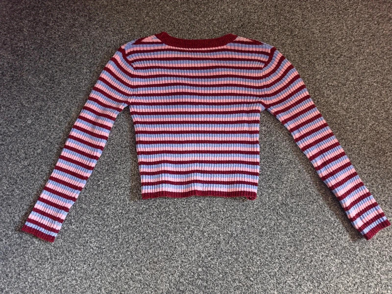 Primark Girls Pink, Burgundy & Blue Striped Ribbed Jumper – 5–6 Years