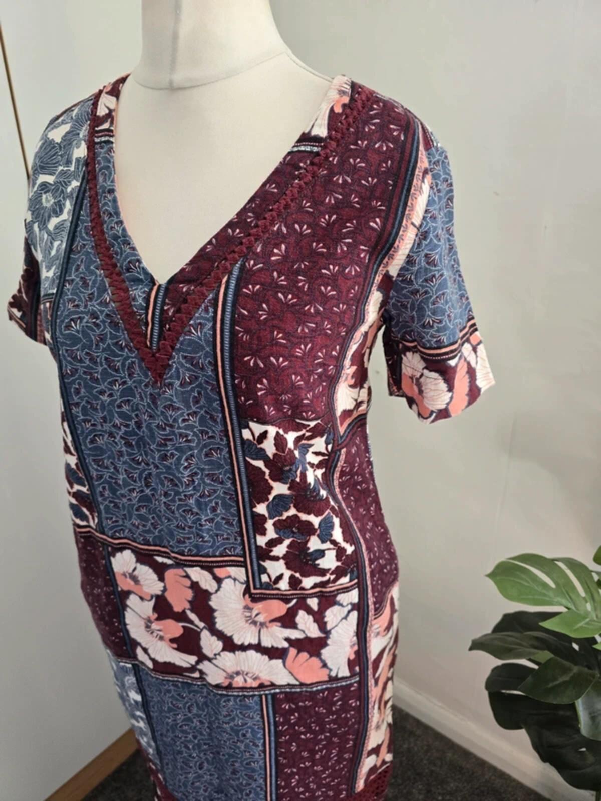 Next Burgundy & Blue Floral Patchwork Midi Dress  Size 6
