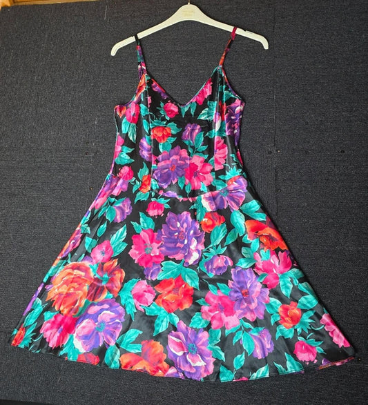 Vintage St Michael Slip Dress Black Floral Satin 90s Made in UK Size 14