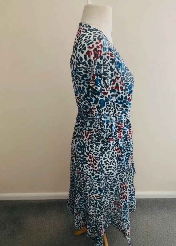 Next Multicoloured Animal Print Midi Wrap Dress with Puff Sleeves Size 12