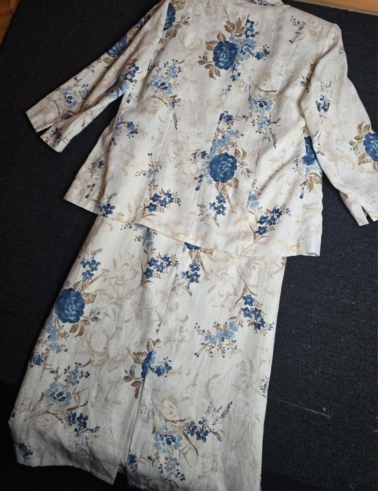 Bianco Mother of the Bride/Groom Cream Blue Floral Linen Dress & Blazer Set  Size 14