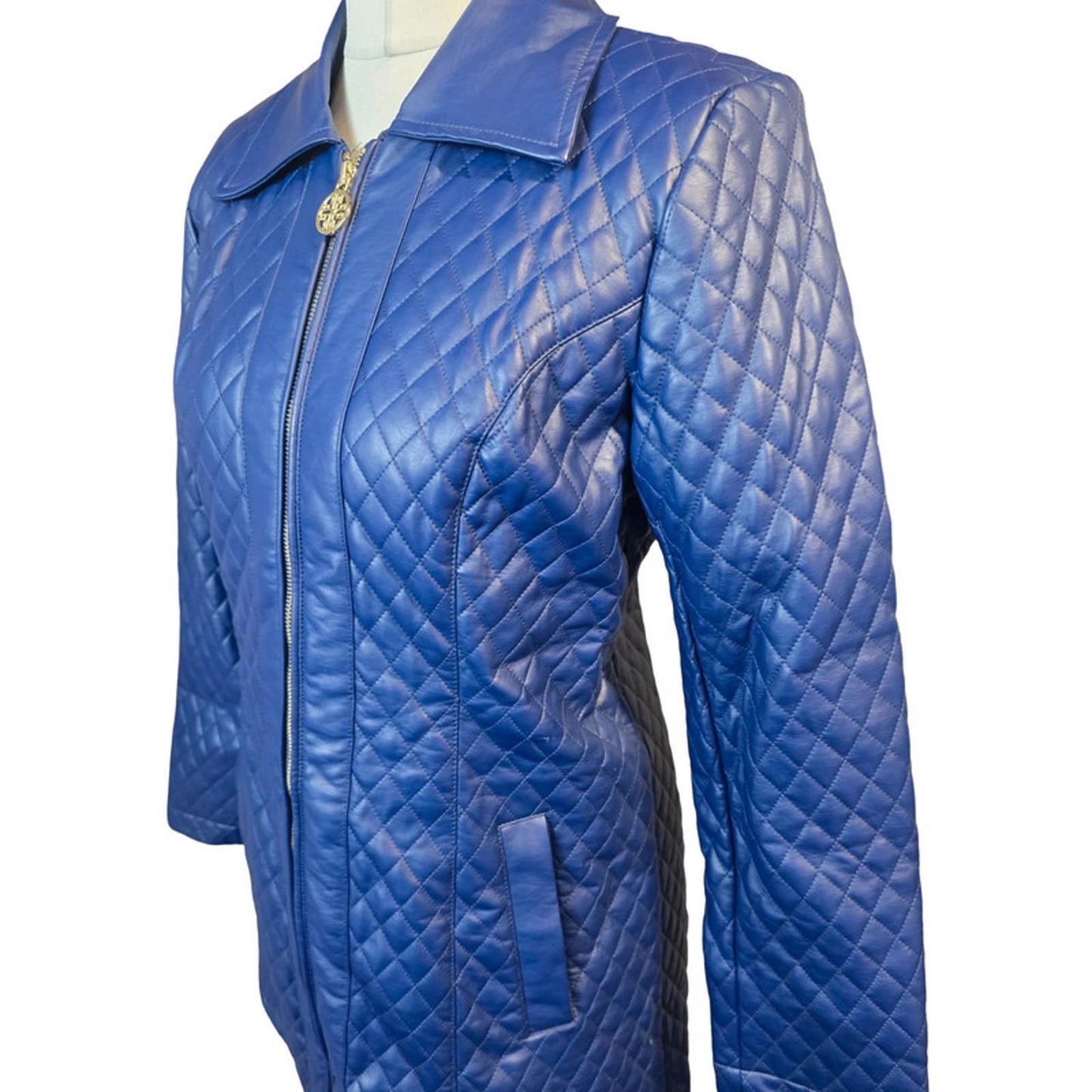 Dennis Basso Quilted Faux Leather Jacket Blue Size 8/10 Mid Length Zip Up