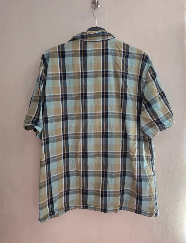 George Men's Green, Navy & Yellow Checked Short Sleeve Cotton Shirt Size Large
