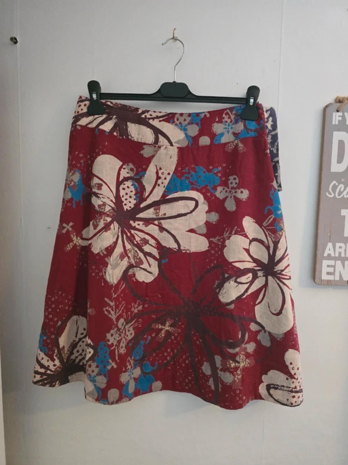 White Stuff Reversible Knee Length Skirt 10 Blue Bird Print Burgundy Floral