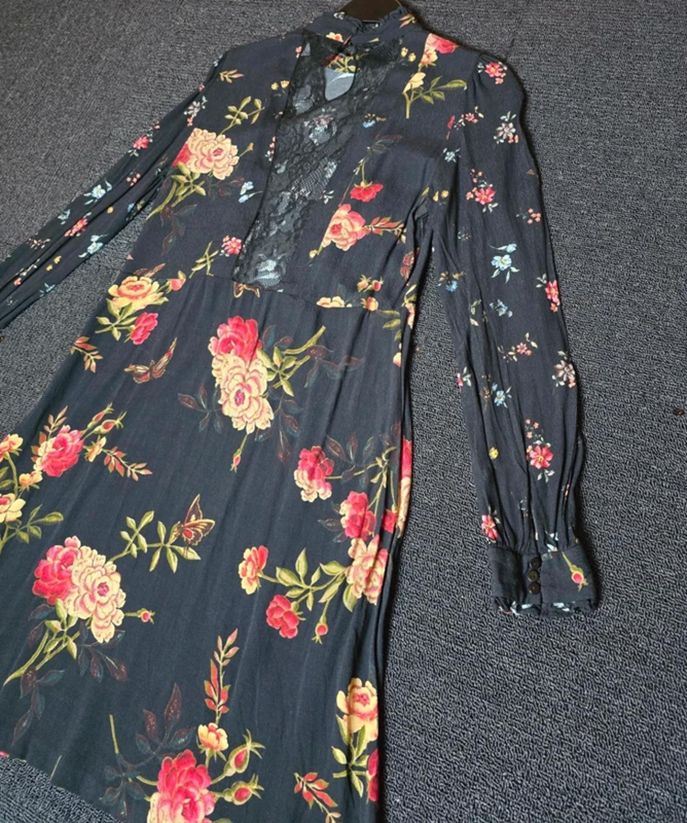 Zara Black Floral Mini Dress L Size 12 Long Sleeve Lace Back Frill Detail