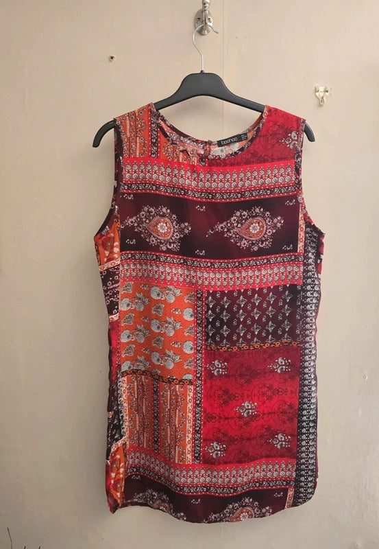 Boohoo Red & Orange Floral Sleeveless Relaxed Shift Mini Dress Size 8