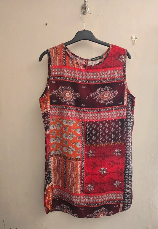 Boohoo Red & Orange Floral Sleeveless Relaxed Shift Mini Dress Size 8