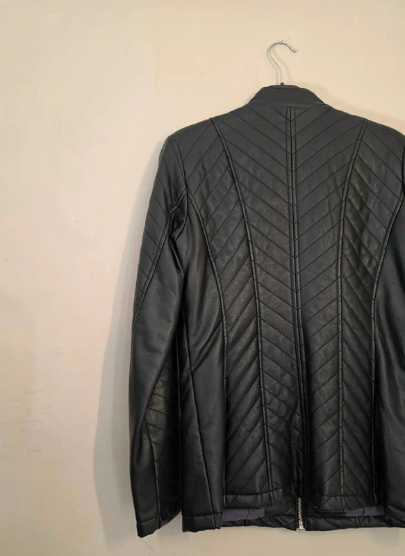 Dennis Basso Black Quilted Faux Leather Jacket Zip Up XS Size 8-10