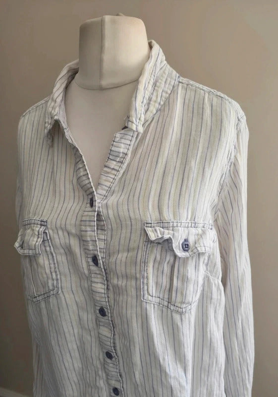 Marks & Spencer White, Purple & Beige Striped Flax Linen Long-Sleeved Shirt  20