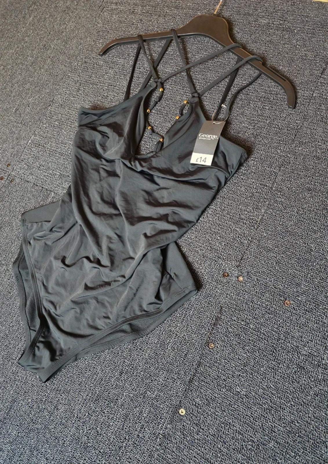 New George Black Beaded Cross Strap Swimsuit Size 14 NWT