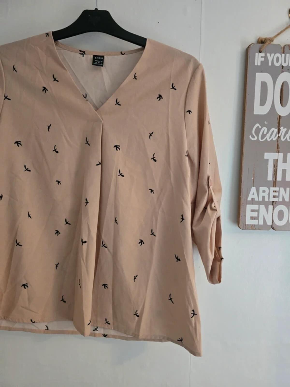 Shein Beige Bird Print Blouse - Med Size 10-12