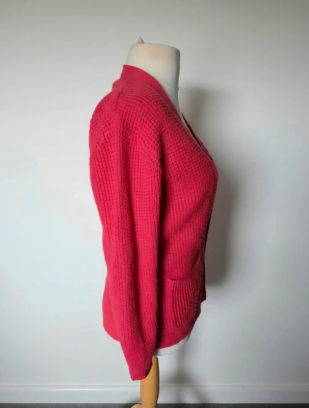 Damart Pink Red Knitted V Neck Button Cardigan Pockets Size 10-12