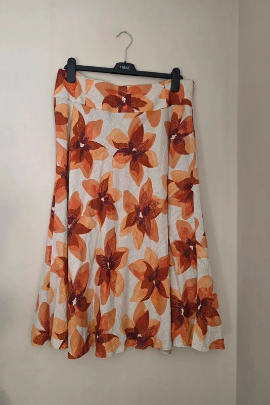 Kaliko Women's Orange & Cream Floral Linen Midi Skirt Size 16