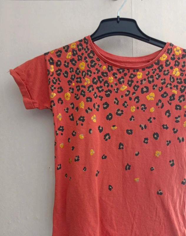 Tu Girls Orange Leopard Print Cotton T Shirt Age 8years