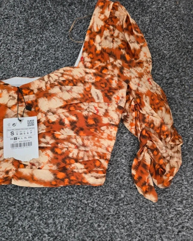 Zara Orange Patterned Ruched Crop Top Size S Fits Size 8-10