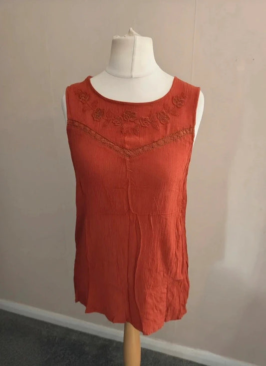 F&F Burnt Orange Floral Embossed Sleeveless Vest Top Size 10
