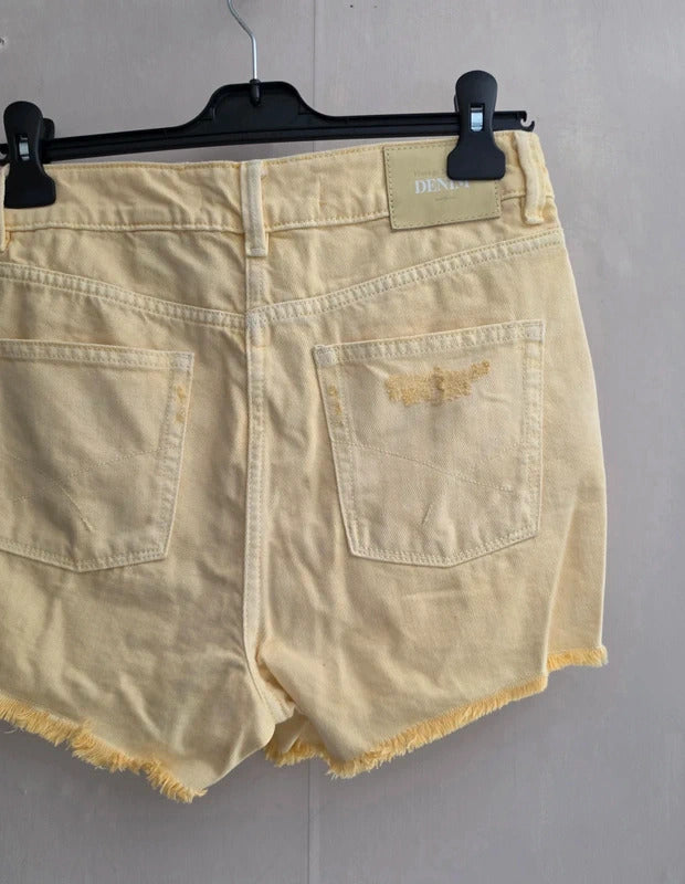 Next Bright Yellow High Waisted Frayed Distressed Denim Mini Shorts Size 8