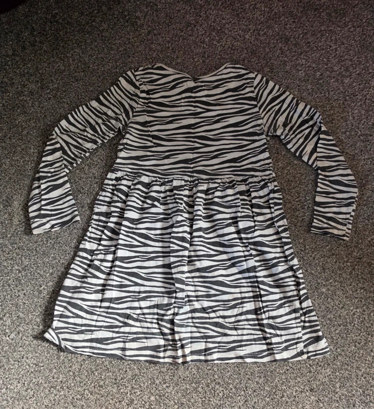 H&M Girls Black & White Zebra Print Long Sleeve Cotton Dress Age 5-6 Years