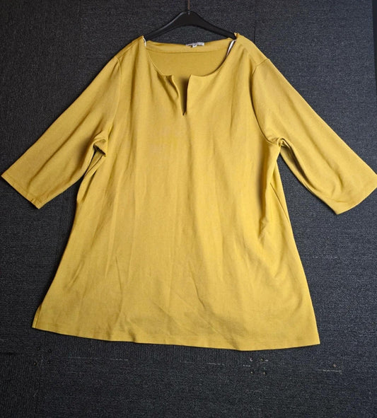 Elanza Mustard Yellow Tunic Top Size 18/20 Oversized V Neck 3/4 Sleeve