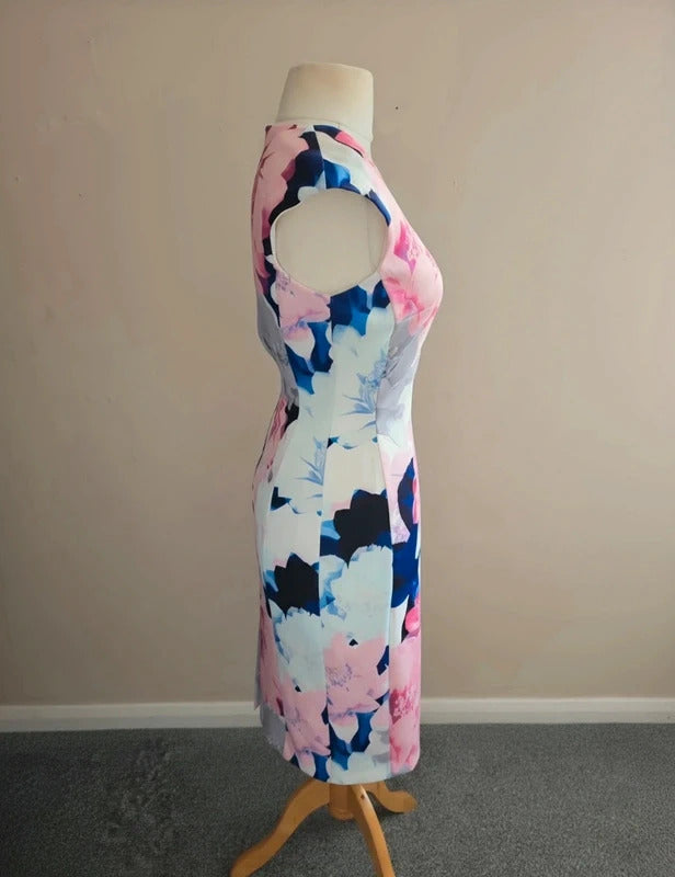 Roman Pink White & Navy Floral Bodycon Midi Dress Size 10