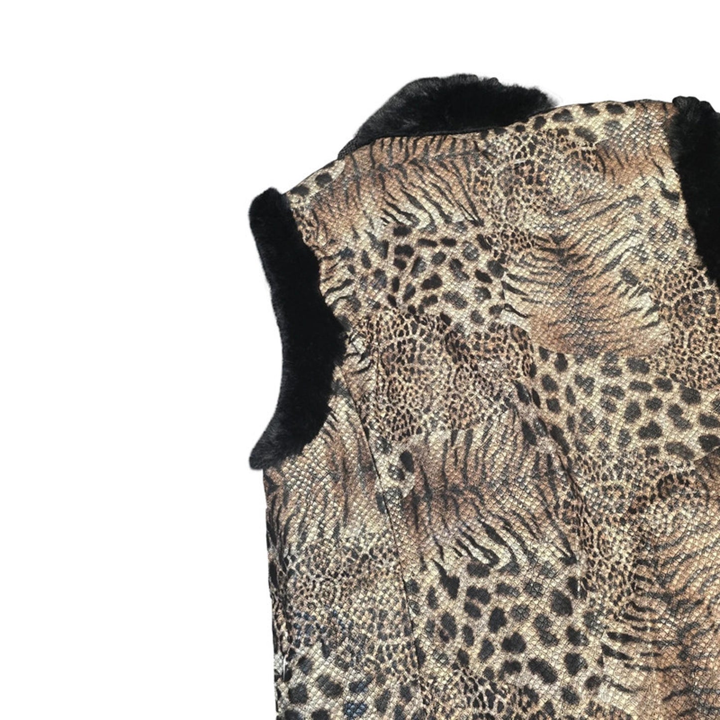 Bob Mackie Leopard Print Faux Fur Gilet Black Brown Size XS Zip Up Lined New