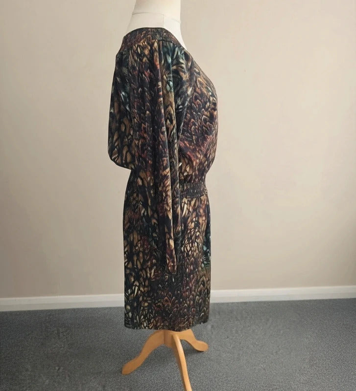 Laura Ashley Black, Brown & Blue Feather Patterned KneeLength Dress Size 14
