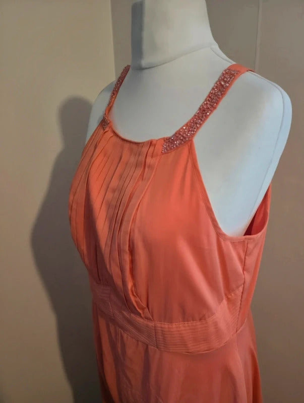 Matalan Coral Orange Gem Strap Pleated Lined Flared Maxi Dress Size 16