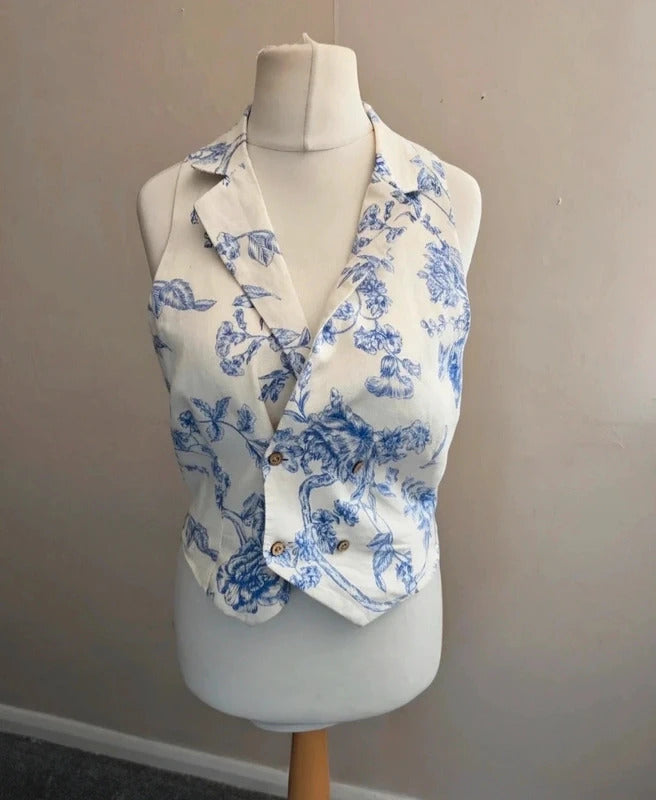 Mango Blue & White Floral Halterneck Collared Top NWT M Size 10
