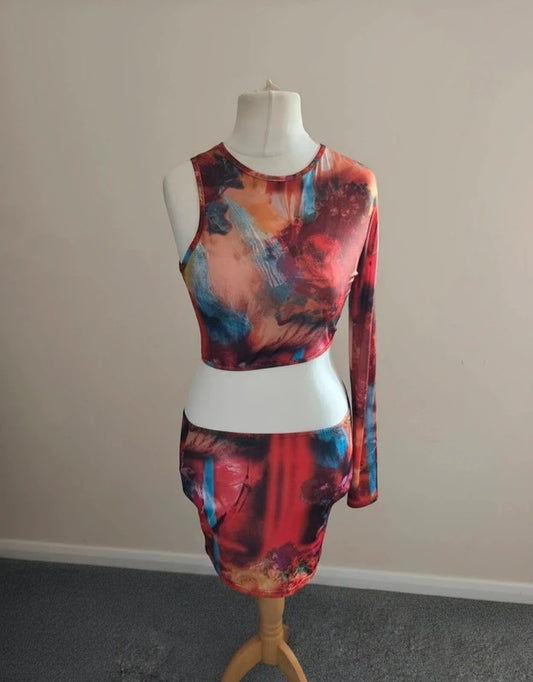 EGO Multicoloured Abstract Cut-Out Bodycon Mini Dress Size 12 One Sleeve BNWT