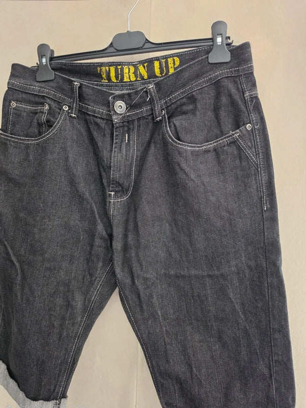Primark Men's Black Denim Turn-Up Knee-Length Shorts Waist 34"
