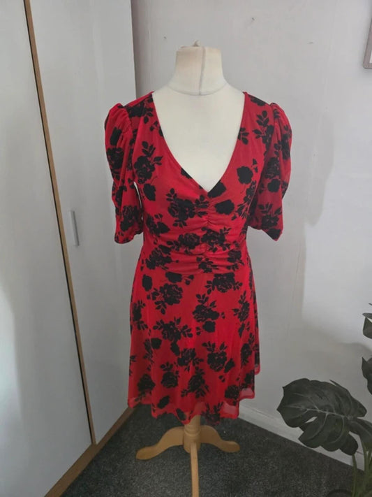 Collusion Red & Black Floral Ruched Mini Dress Size 12
