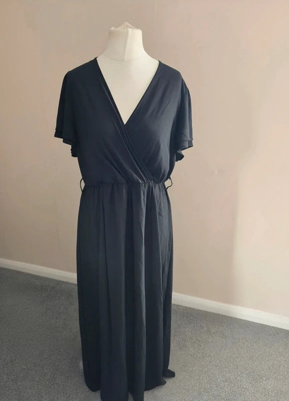 Shein Droimp Black V-Neck Wrap Short Sleeved Maxi Dress  XL Size 16