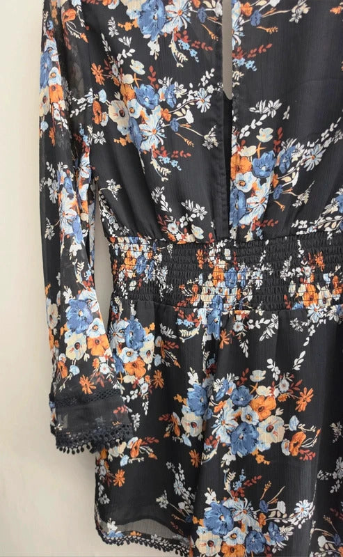 River Island Black Floral Sheer Bell Sleeve Playsuit Size 12