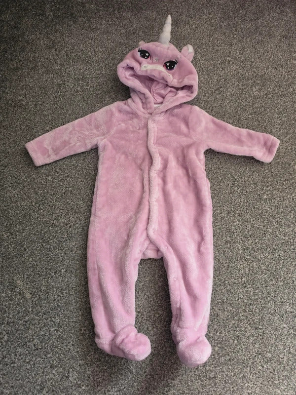 Bluezoo Baby Girls Pink Fluffy Fleece Unicorn Hooded All-In-One Sleepsuit 3-6 Months