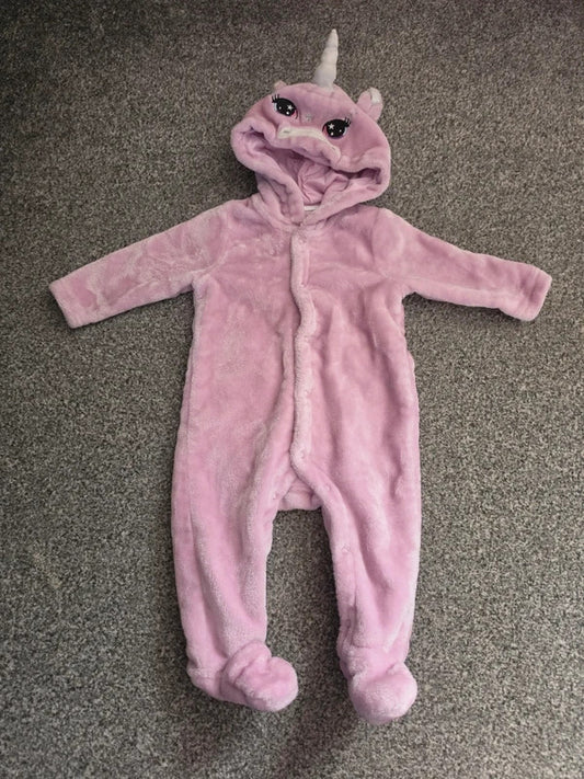 Bluezoo Baby Girls Pink Fluffy Fleece Unicorn Hooded All-In-One Sleepsuit 3-6 Months