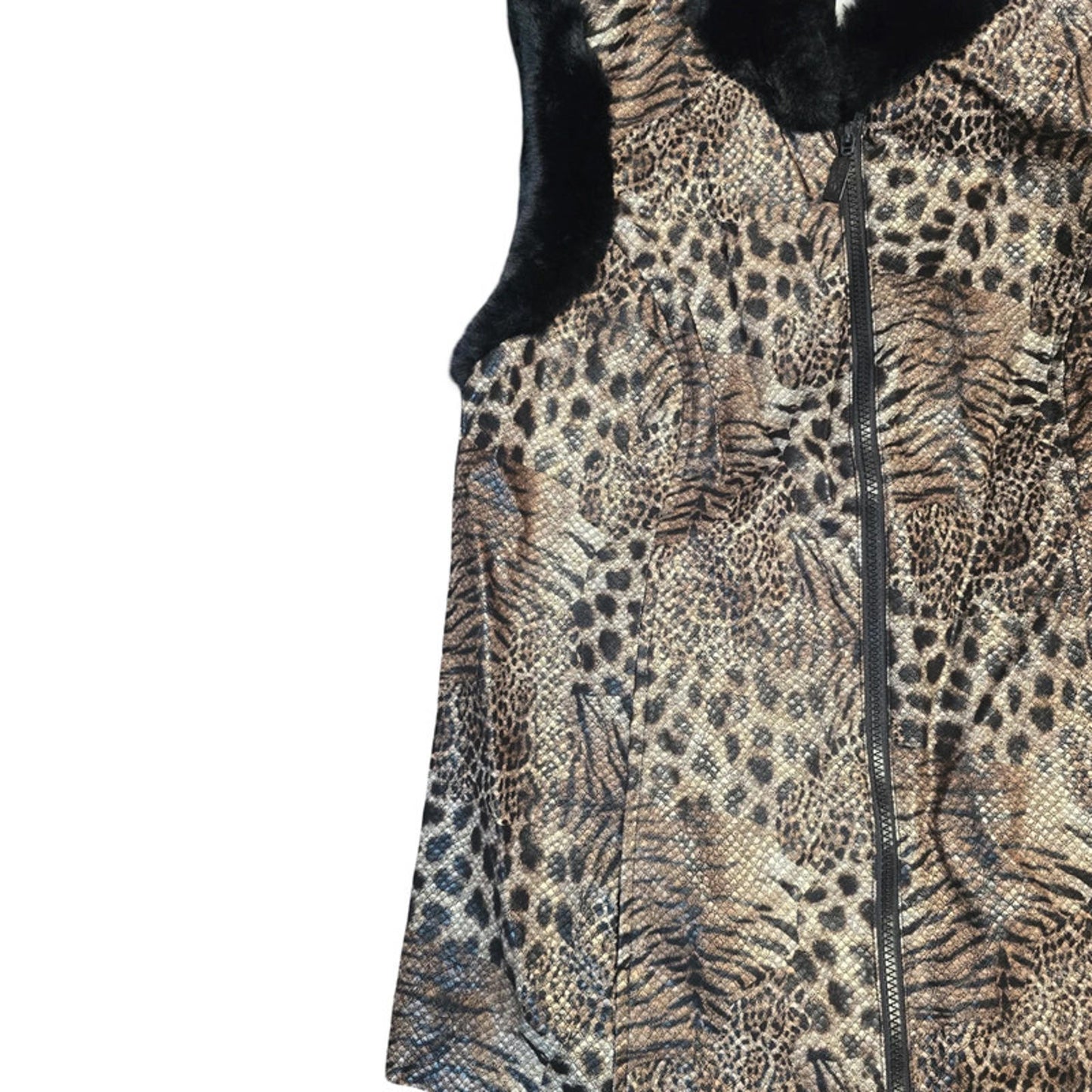 Bob Mackie Leopard Print Faux Fur Gilet Black Brown Size XS Zip Up Lined New