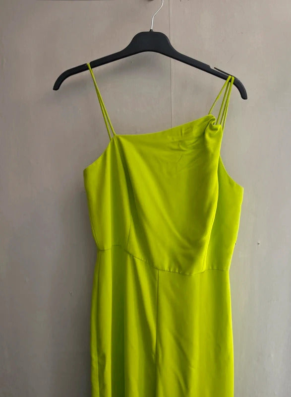 Mango Bright Lime Green Sleeveless Asymmetric Flared Jumpsuit Med Size 10-12