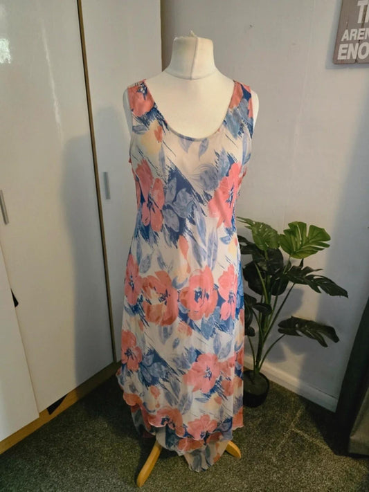 Adini Cream Pink & Blue Floral Sleeveless Midi Dress L Size 10-12