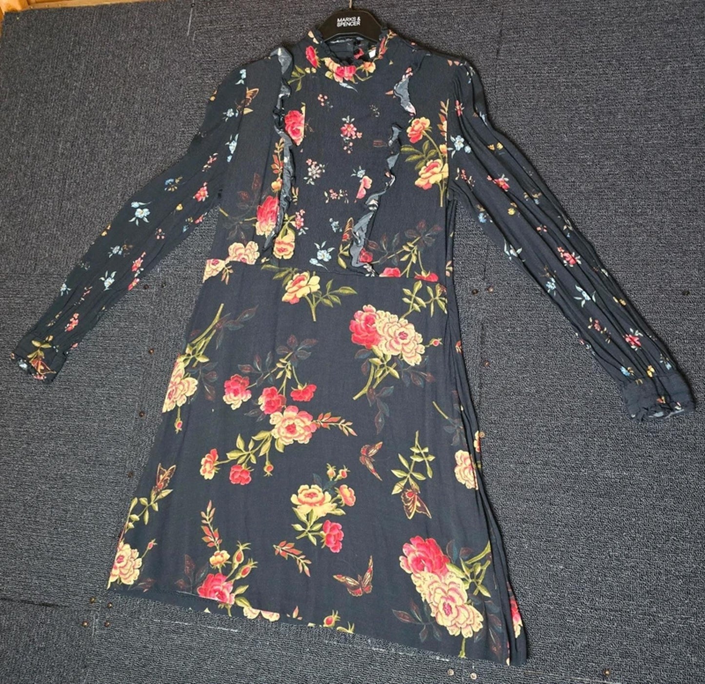 Zara Black Floral Mini Dress L Size 12 Long Sleeve Lace Back Frill Detail
