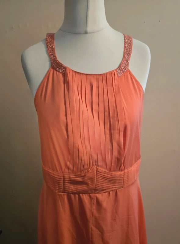 Matalan Coral Orange Gem Strap Pleated Lined Flared Maxi Dress Size 16