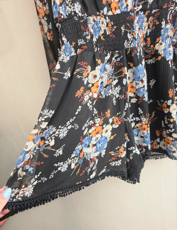 River Island Black Floral Sheer Bell Sleeve Playsuit Size 12