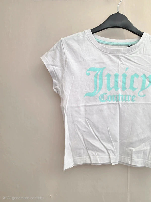 Juicy Couture Girls White & Mint Green Logo Print Short Sleeve T-Shirt Age 10-11 Years