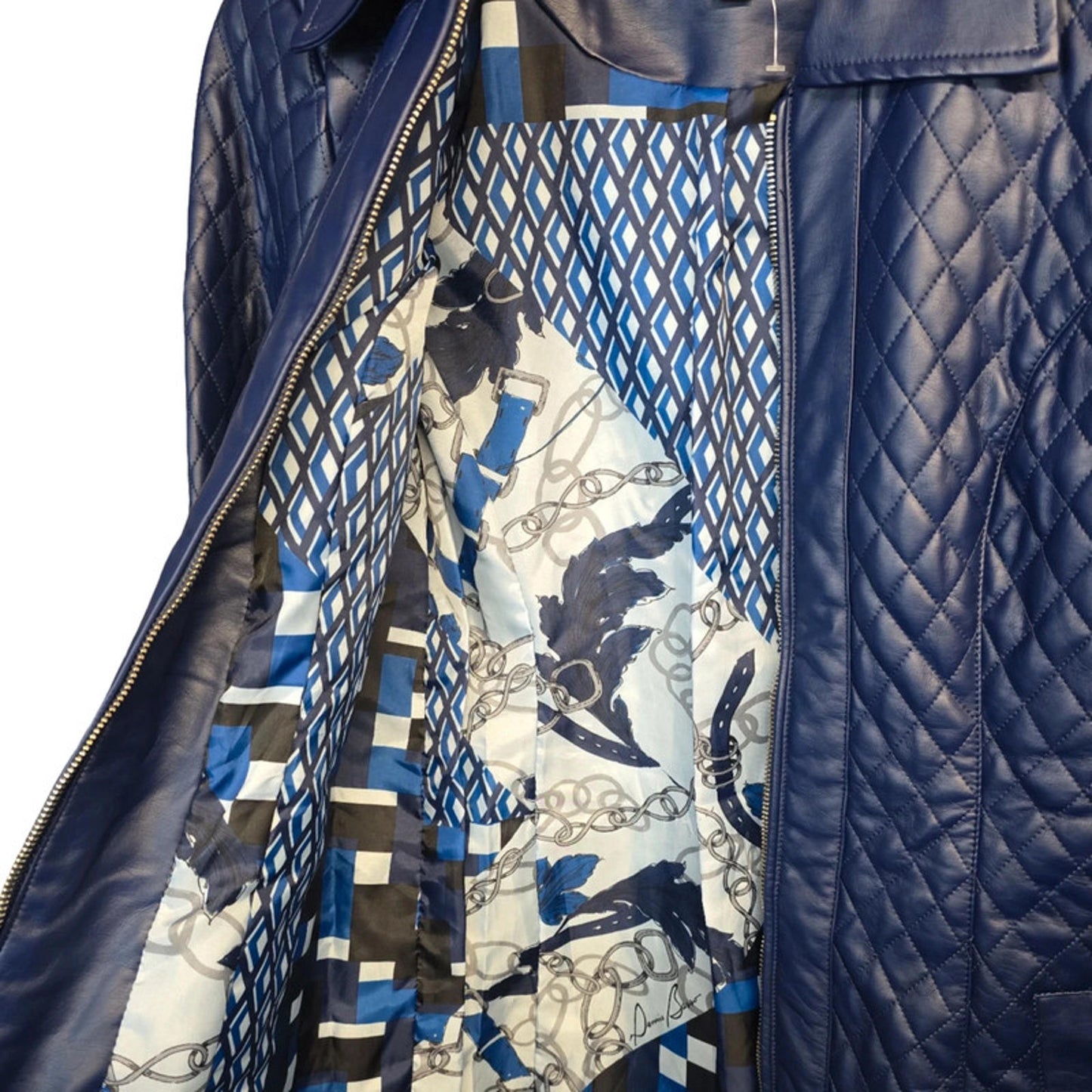 Dennis Basso Quilted Faux Leather Jacket Blue Size 8/10 Mid Length Zip Up
