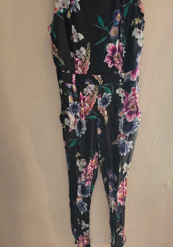 Wallis Black Multicoloured Floral Cut-Out Sleeveless Jumpsuit Size 10