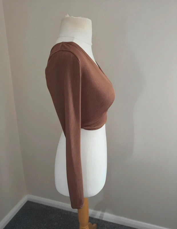 Boohoo Brown Ribbed One-Shoulder Crop Top Size 10
