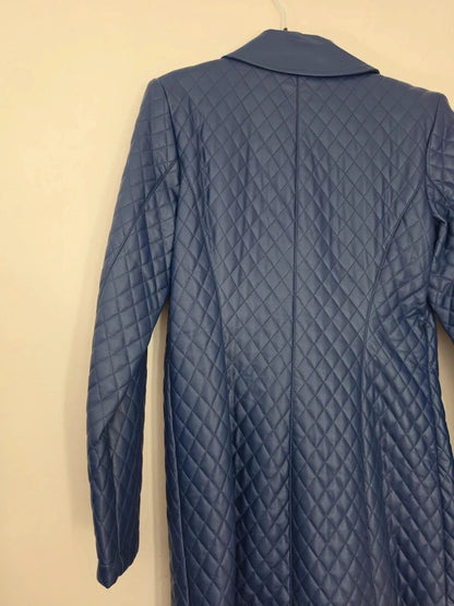 Dennis Basso Navy Blue Quilted Faux Leather Long Jacket Coat Small Size 8-10