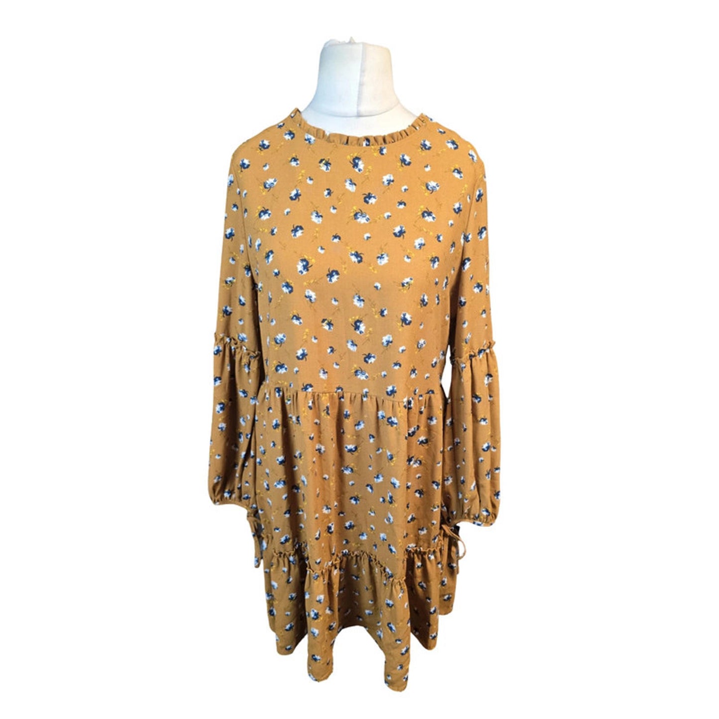 George Mustard Floral Midi Dress Size 12 Long Sleeve Floaty Style