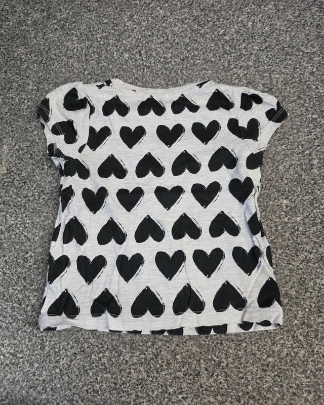 George Girls Light Grey Marl & Black All-Over Heart Print T-Shirt Age 2-3 Years