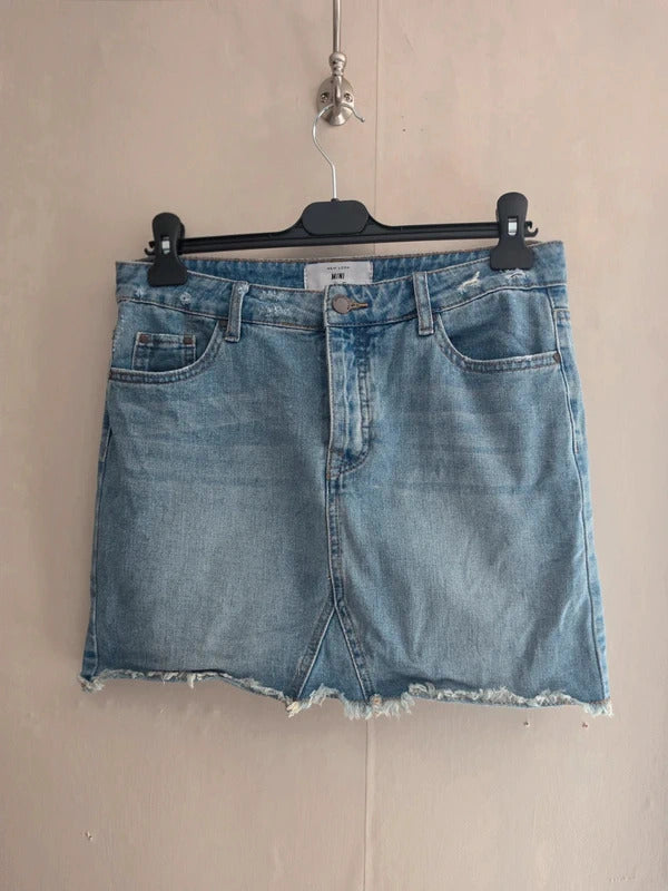 New Look Blue Denim Distressed Frayed Hem Mini Skirt Size 10