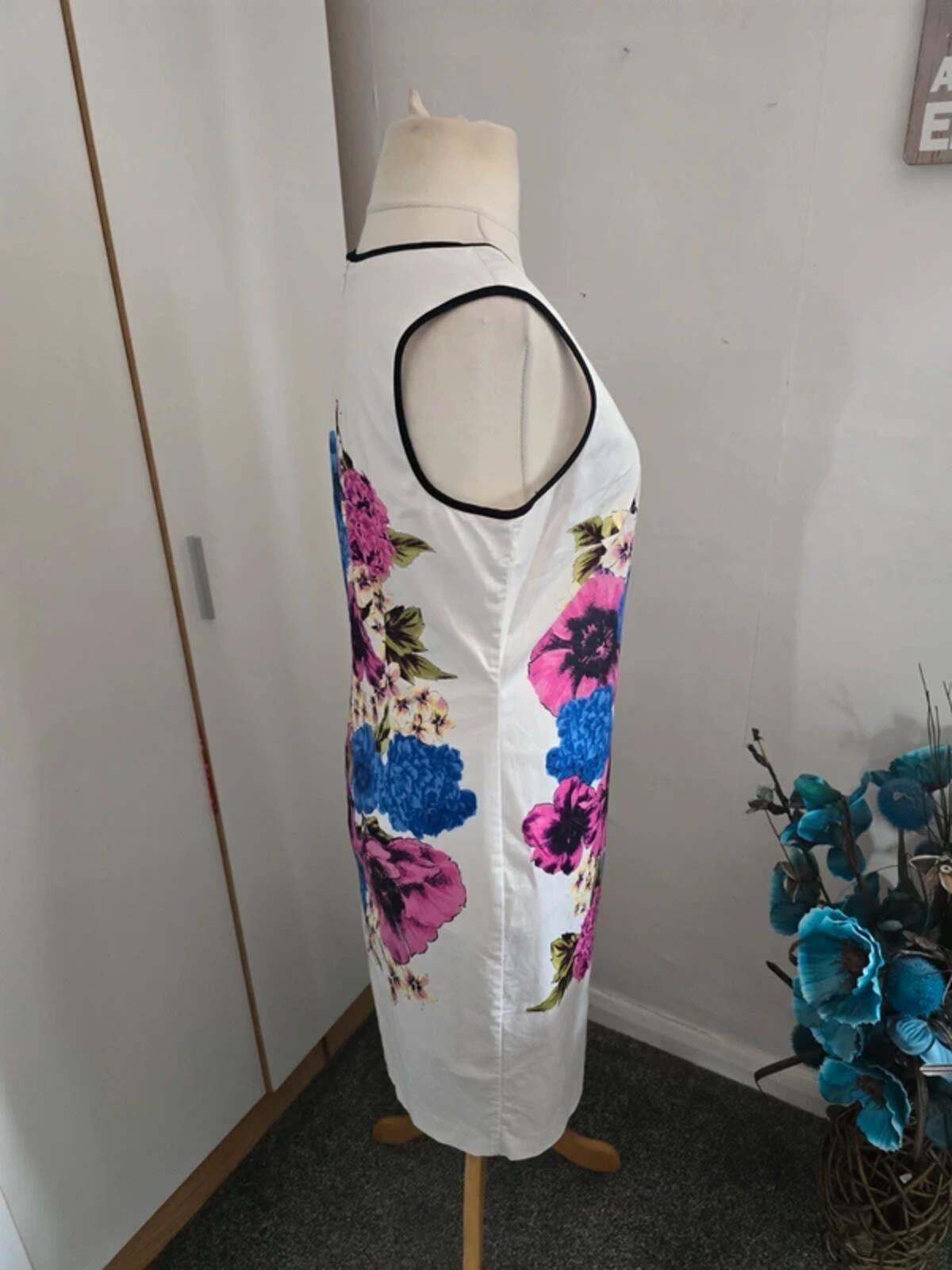 Debenhams Floral A-Line Dress Size 14 White Cotton Knee Midi Sleeveless